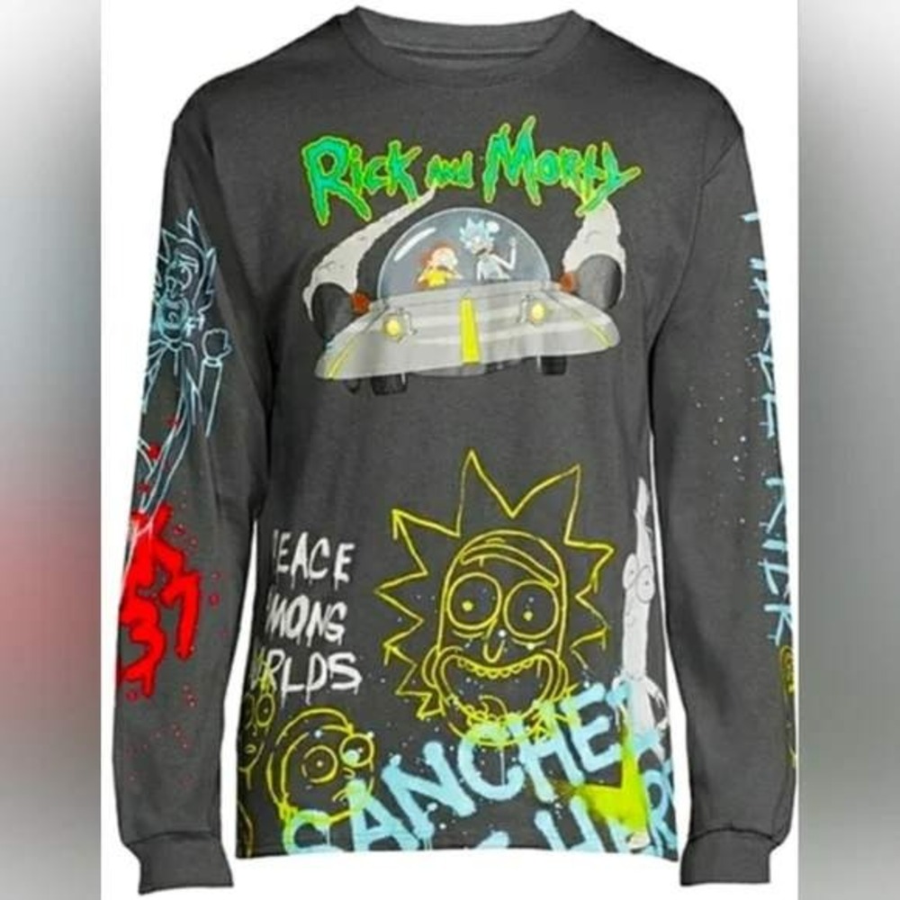 Rick and Morty Long Sleeve Graphic Tee Charcoal Gray Graffiti Print Mens Small - Picture 2 of 2